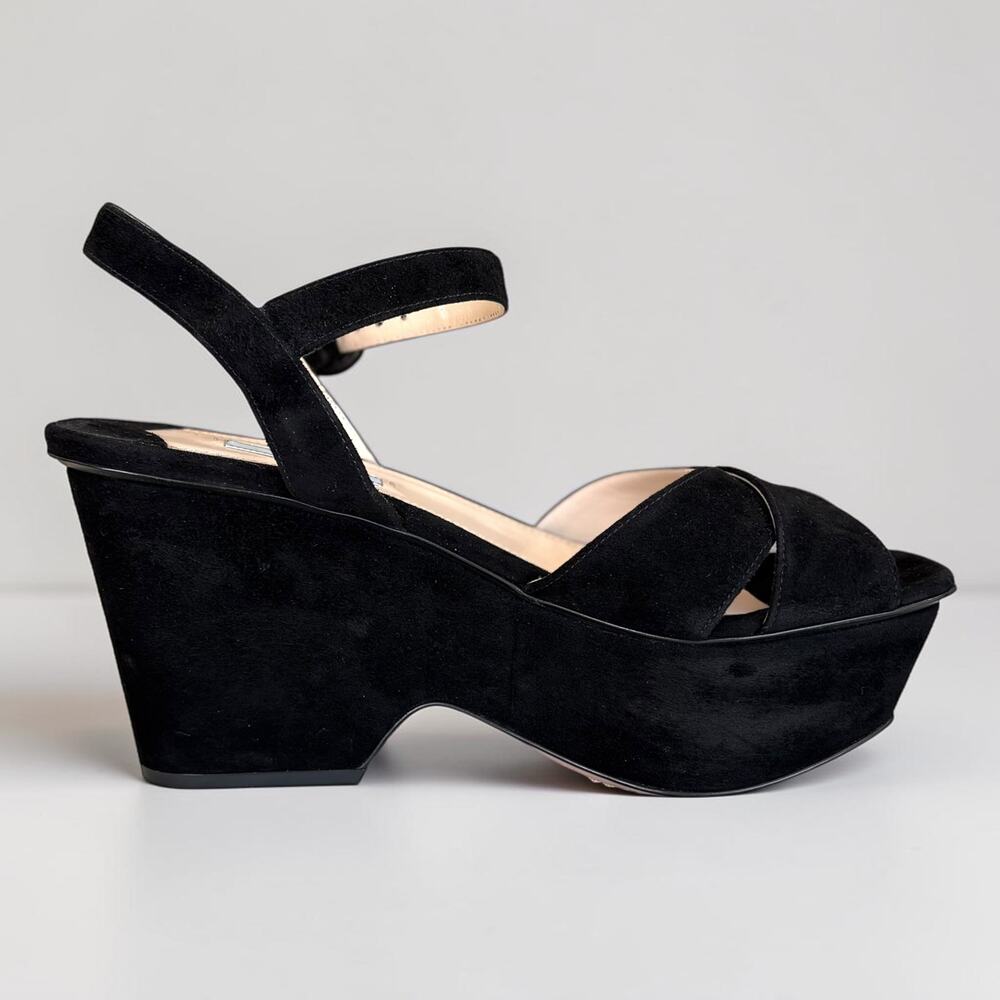 PRADA Milano Black Suede Platform Wedge Sandals Ankle Strap Sz 39 Made in Italy